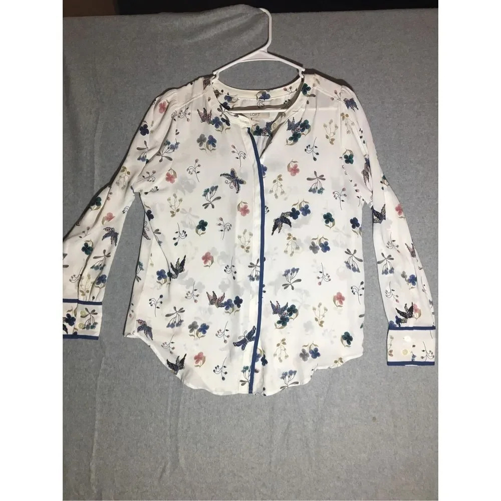 Womens Loft Blouse Size Small Butterfly Floral Boho Casual Capsule Wardrobe